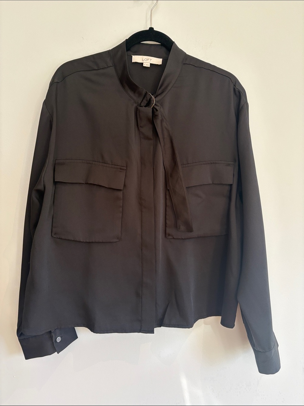 LOFT Black Tie-Neck Utility Blouse – Size XL